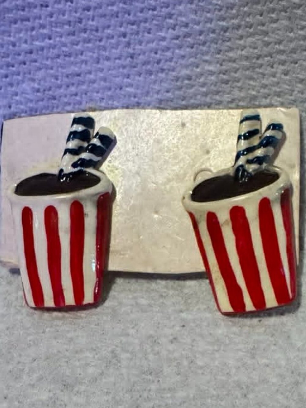 80s/90s  Ceramic Resin Soda Cup Earrings Red & White Striped with Striped Straws